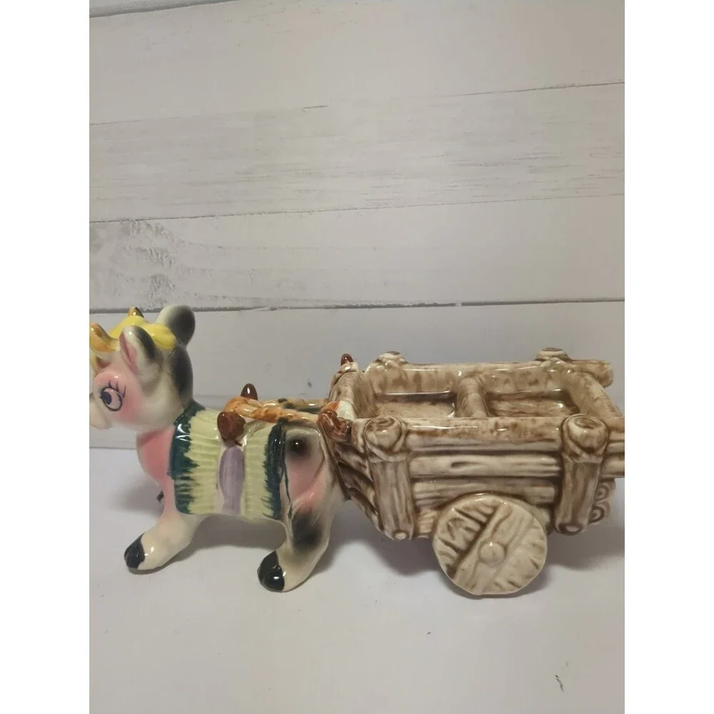 Retro Vintage 50s Kitsch Cow Pulling Cart Ceramic Candy Dish Trinket 10.5